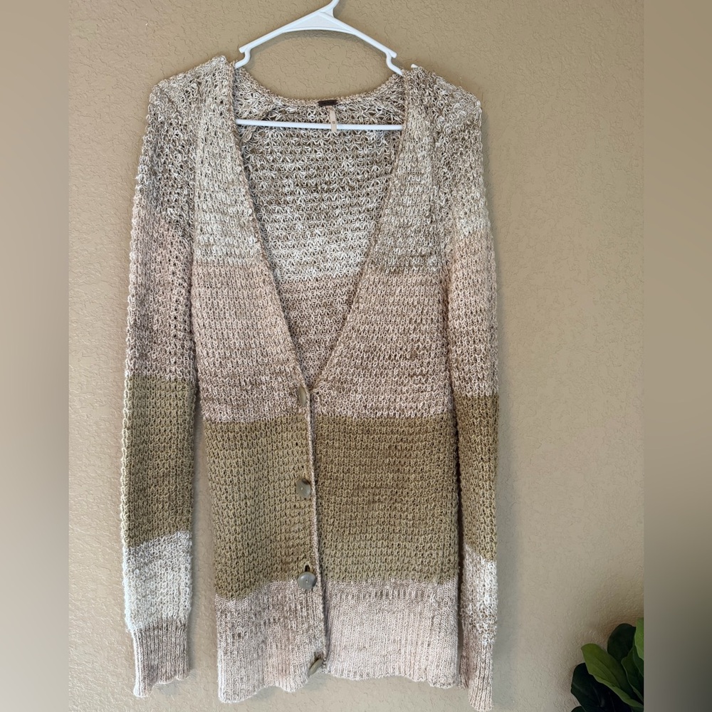 Free People Colorblock Open Knit Cardigan in Beige and Olive